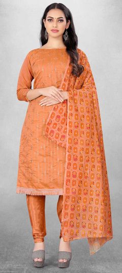 Beige and Brown color Salwar Kameez in Chanderi Silk fabric with Embroidered, Sequence, Thread work