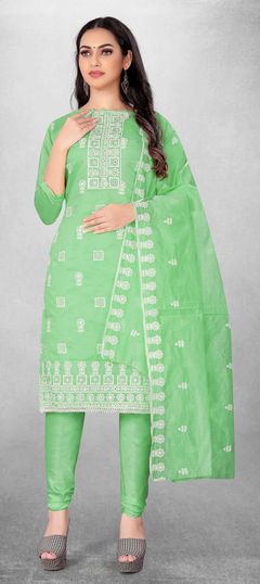 Green color Salwar Kameez in Chanderi Silk fabric with Embroidered, Sequence, Thread work