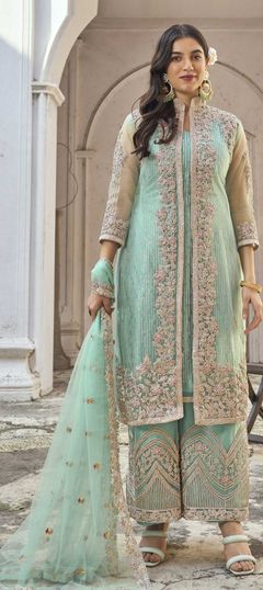 Blue color Salwar Kameez in Net fabric with Embroidered, Stone work