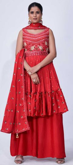 Red and Maroon color Salwar Kameez in Chiffon fabric with Mirror, Thread, Zari work