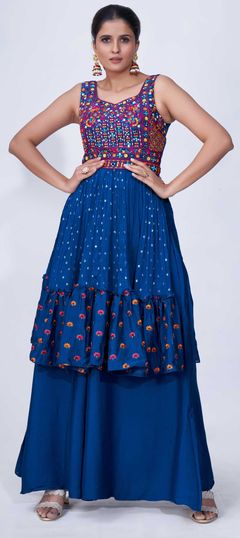 Blue color Salwar Kameez in Chiffon fabric with Mirror, Thread work