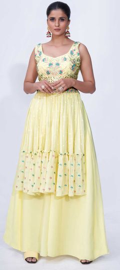 Yellow color Salwar Kameez in Chiffon fabric with Mirror, Thread, Zari work