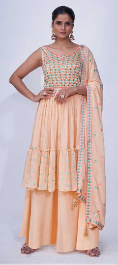 Pink and Majenta color Salwar Kameez in Chiffon fabric with Bugle Beads, Mirror, Thread work
