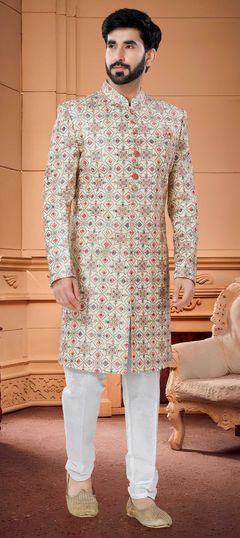 Beige and Brown color IndoWestern Dress in Silk fabric with Broches, Mirror, Sequence, Thread work