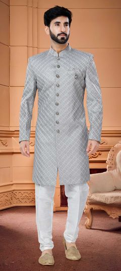 Black and Grey color IndoWestern Dress in Silk fabric with Broches, Sequence, Thread work