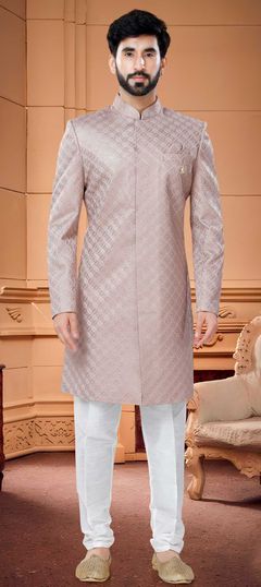 Pink and Majenta color IndoWestern Dress in Silk fabric with Broches, Sequence, Thread work