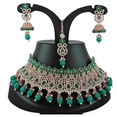 Gold Rodium Polish Green color Necklace in Metal Alloy studded with CZ Diamond, Kundan