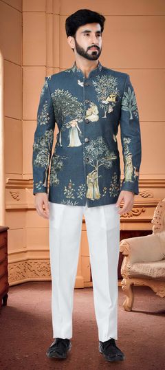 Blue color Jodhpuri Suit in Cotton fabric with Printed work