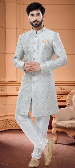 Black and Grey color IndoWestern Dress in Silk fabric with Broches, Thread work