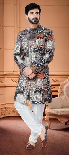Multicolor color IndoWestern Dress in Satin Silk fabric with Broches, Printed work