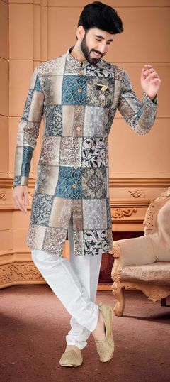 Multicolor color IndoWestern Dress in Satin Silk fabric with Broches, Printed work
