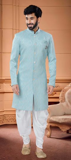 Blue color IndoWestern Dress in Jacquard fabric with Broches, Thread work