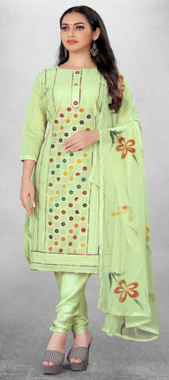 Green color Salwar Kameez in Cotton fabric with Bugle Beads, Lace, Printed work