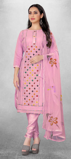 Pink and Majenta color Salwar Kameez in Cotton fabric with Bugle Beads, Lace, Printed work