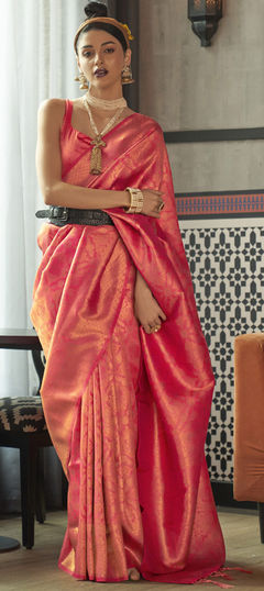 Orange color Saree in Silk fabric with Weaving work