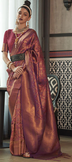 Red and Maroon color Saree in Silk fabric with Weaving work
