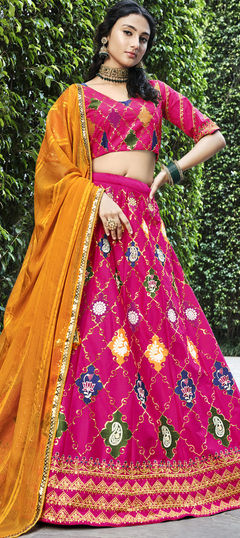 Pink and Majenta color Lehenga in Silk fabric with Embroidered, Sequence, Thread work