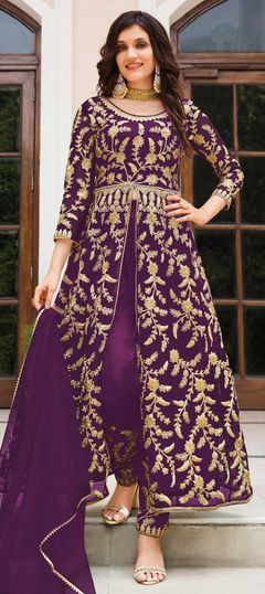 Purple and Violet color Salwar Kameez in Net fabric with Embroidered, Sequence, Thread work