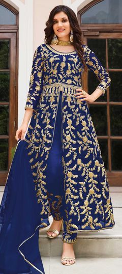 Blue color Salwar Kameez in Net fabric with Embroidered, Sequence, Thread work