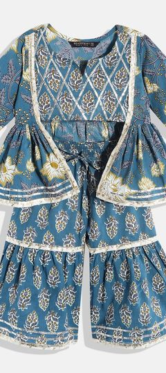 Blue color Girls Top with Bottom in Cotton fabric with Gota Patti, Printed work