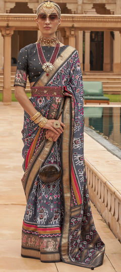 Black and Grey color Saree in Silk fabric with Printed work