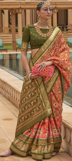 Orange color Saree in Silk fabric with Printed work