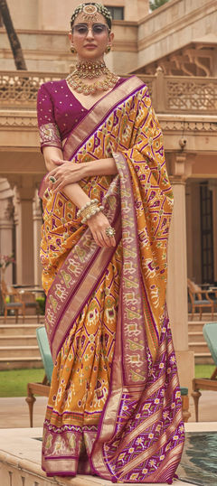 Yellow color Saree in Silk fabric with Printed work