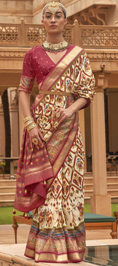 Beige and Brown color Saree in Silk fabric with Printed work