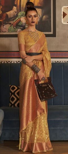 Yellow color Saree in Silk fabric with Weaving work