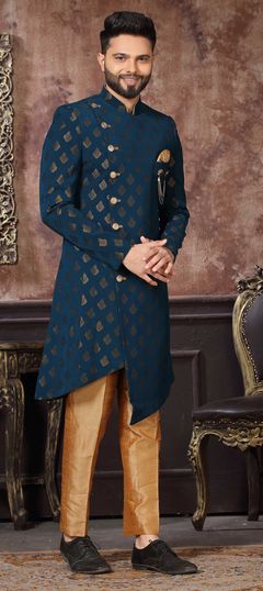 Blue color IndoWestern Dress in Jacquard fabric with Broches, Weaving work