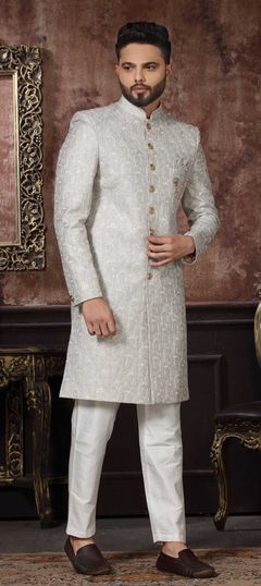 White and Off White color IndoWestern Dress in Jacquard fabric with Broches, Sequence, Thread work