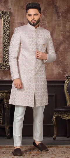 White and Off White color IndoWestern Dress in Jacquard fabric with Broches, Weaving work