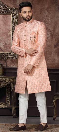 Pink and Majenta color IndoWestern Dress in Jacquard fabric with Broches, Embroidered, Resham work