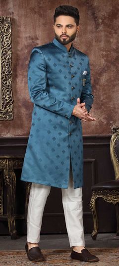 Blue color IndoWestern Dress in Jacquard fabric with Broches, Weaving work