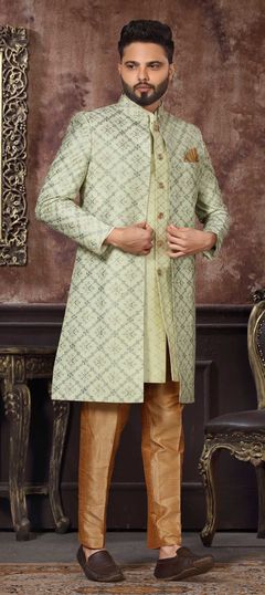 Green color IndoWestern Dress in Jacquard fabric with Weaving work