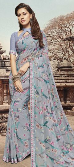 Black and Grey color Saree in Georgette fabric with Floral, Printed work