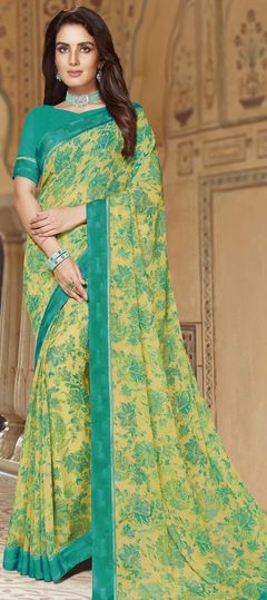 Yellow color Saree in Georgette fabric with Floral, Printed work