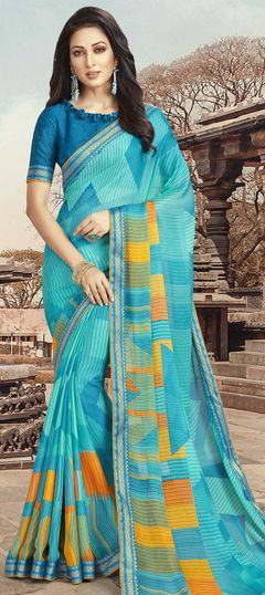 Blue color Saree in Georgette fabric with Printed work