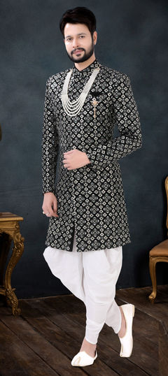 Black and Grey color IndoWestern Dress in Velvet fabric with Sequence, Thread work