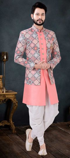 Pink and Majenta color IndoWestern Dress in Silk fabric with Printed work