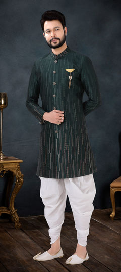 Green color IndoWestern Dress in Silk fabric with Broches work