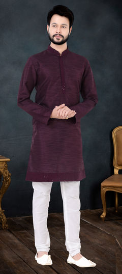 Red and Maroon color Kurta Pyjamas in Silk fabric with Patch work