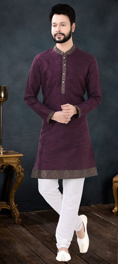 Red and Maroon color Kurta Pyjamas in Silk fabric with Patch work