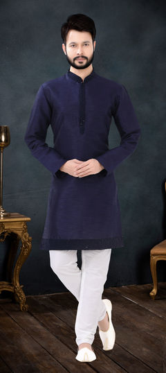 Blue color Kurta Pyjamas in Silk fabric with Patch work