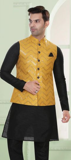 Yellow color Nehru Jacket in Jacquard fabric with Sequence, Thread work : 1842569