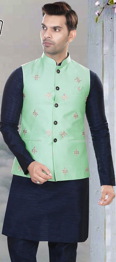 Blue color Nehru Jacket in Rayon fabric with Embroidered, Thread, Zari work : 1842571