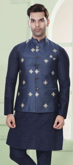 Blue color Nehru Jacket in Rayon fabric with Embroidered, Resham, Thread work : 1842572