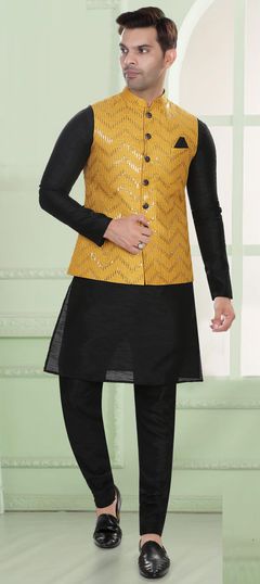 Black and Grey color Kurta Pyjama with Jacket in Art Silk fabric with Sequence, Thread work