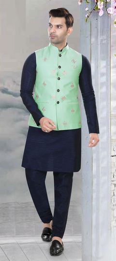 Blue color Kurta Pyjama with Jacket in Art Silk fabric with Embroidered, Thread, Zari work