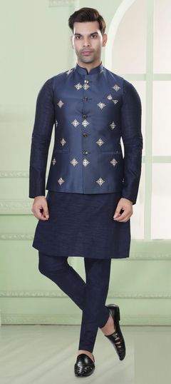 Blue color Kurta Pyjama with Jacket in Art Silk fabric with Embroidered, Resham, Thread work